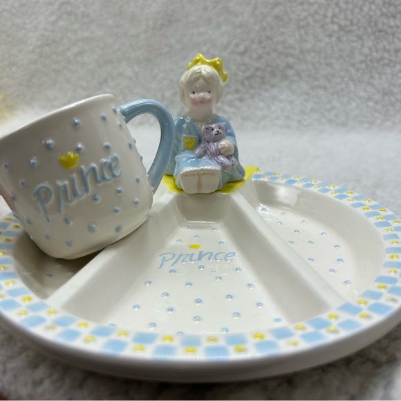 Mud Pie kids plate divided and cup ceramic Prince blue & yellow handcrafted - Picture 14 of 14
